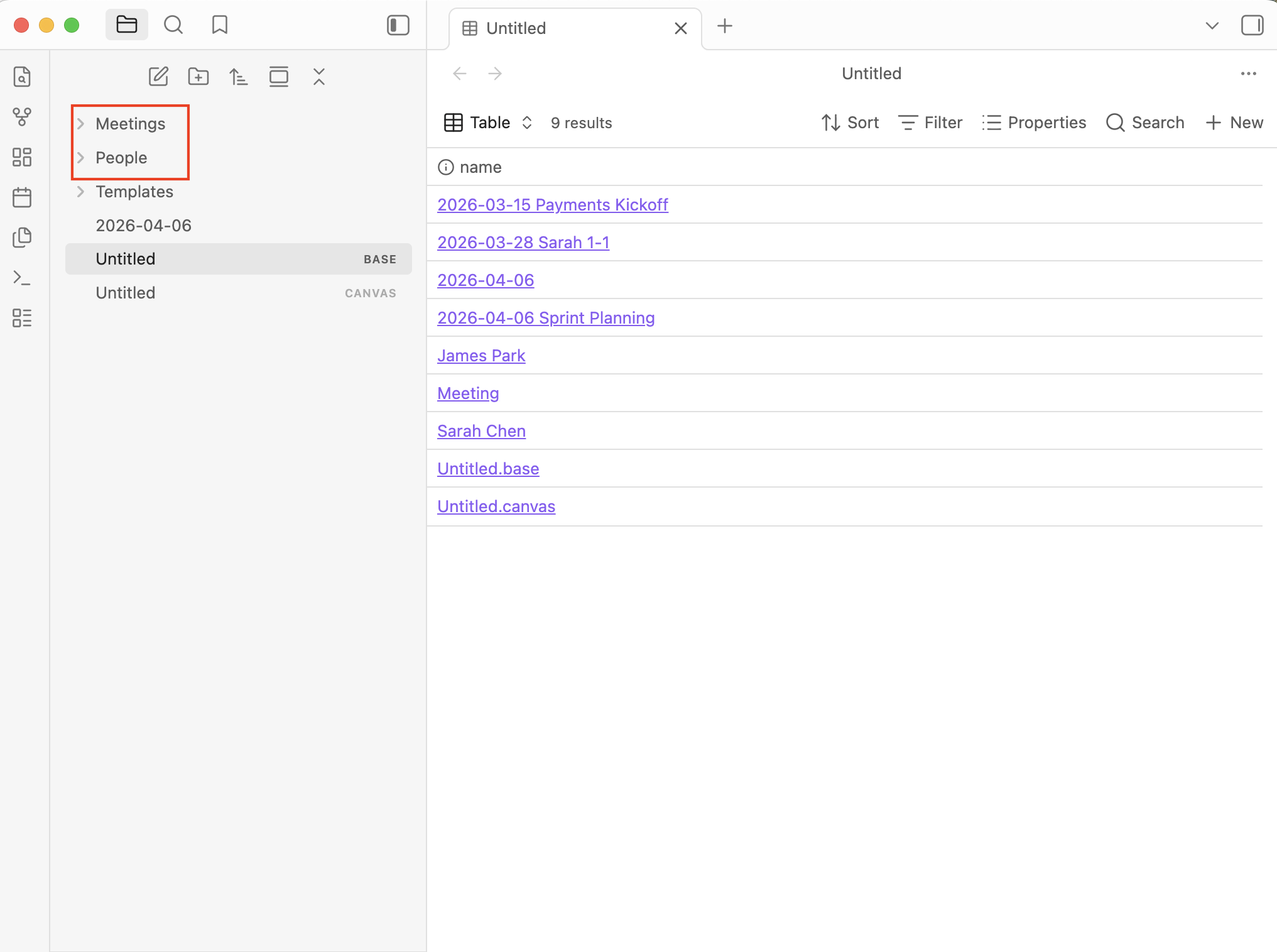 char-editor-width=80 Obsidian vault with Meetings and People folders