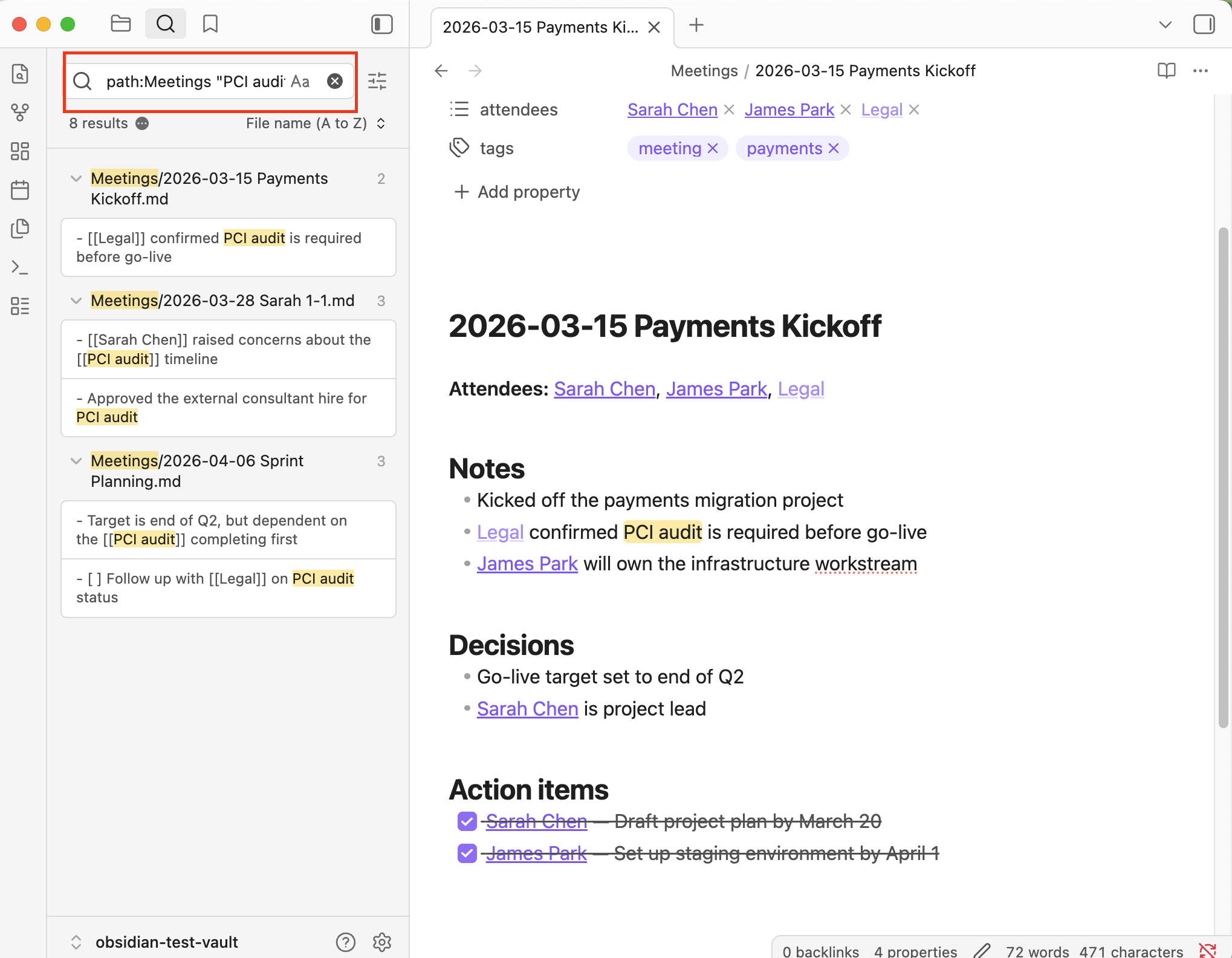 char-editor-width=80 Obsidian search for a topic across all meeting notes